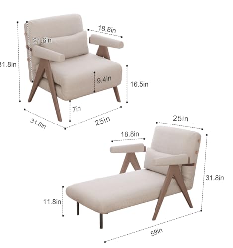 Residential Convertible Sofa Bed Chair 3-in-1 Adjustable Backrest Beige White D8743