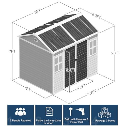 Outdoor Resin Storage Shed 8x4x6 FT with Floor, 2 Windows and Lockable Door X6418