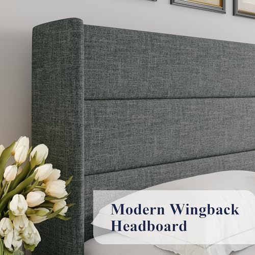 Allewie Full Size Lift Up Storage Bed with Wingback Headboard, Light Beige C85153