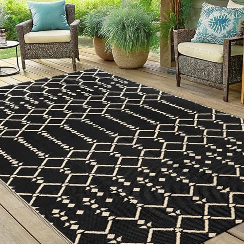 Smiry Waterproof Outdoor Rug 5x8 ft, Reversible Plastic Straw Patio Mat, Black & Beige P20186