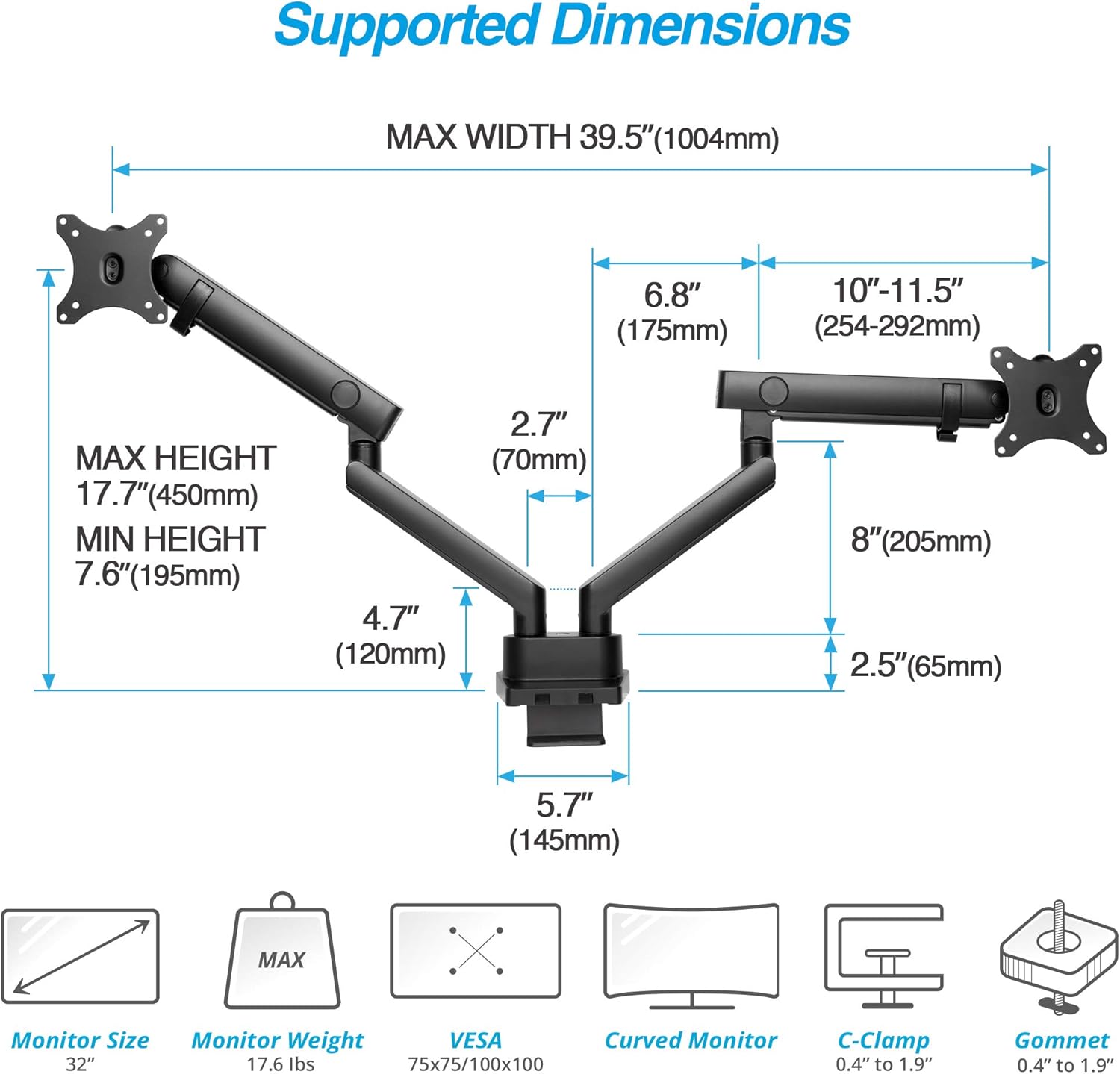 AVLT Laptop and Monitor Arm - Dual Full Motion VESA Mount for 15.6" Notebook and 32" Monitor Z205