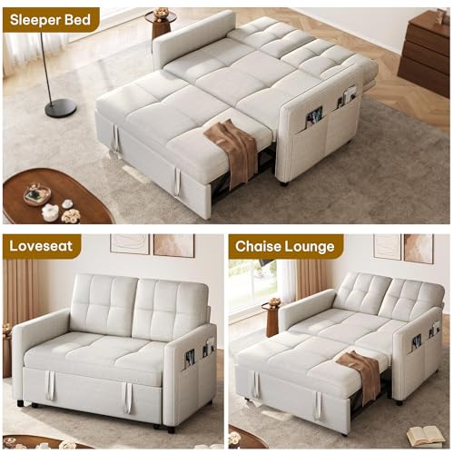 DWVO 55" Convertible Sofa Bed, 3-in-1 Sleeper Sofa with Pull-Out Bed, Linen Futon Couch W749781