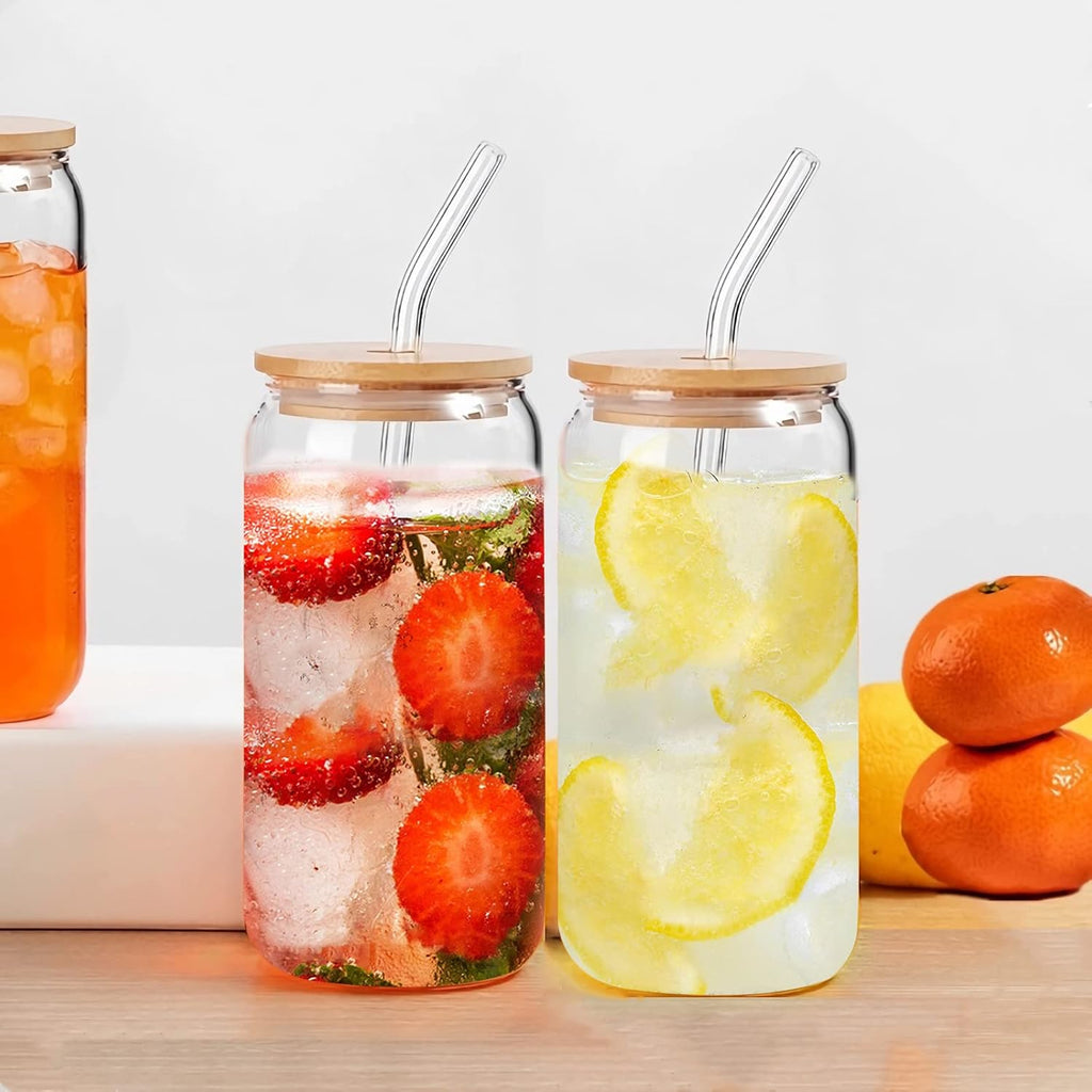 6 Pack Glass Cups with Bamboo Lids and Straws 16 oz Z667