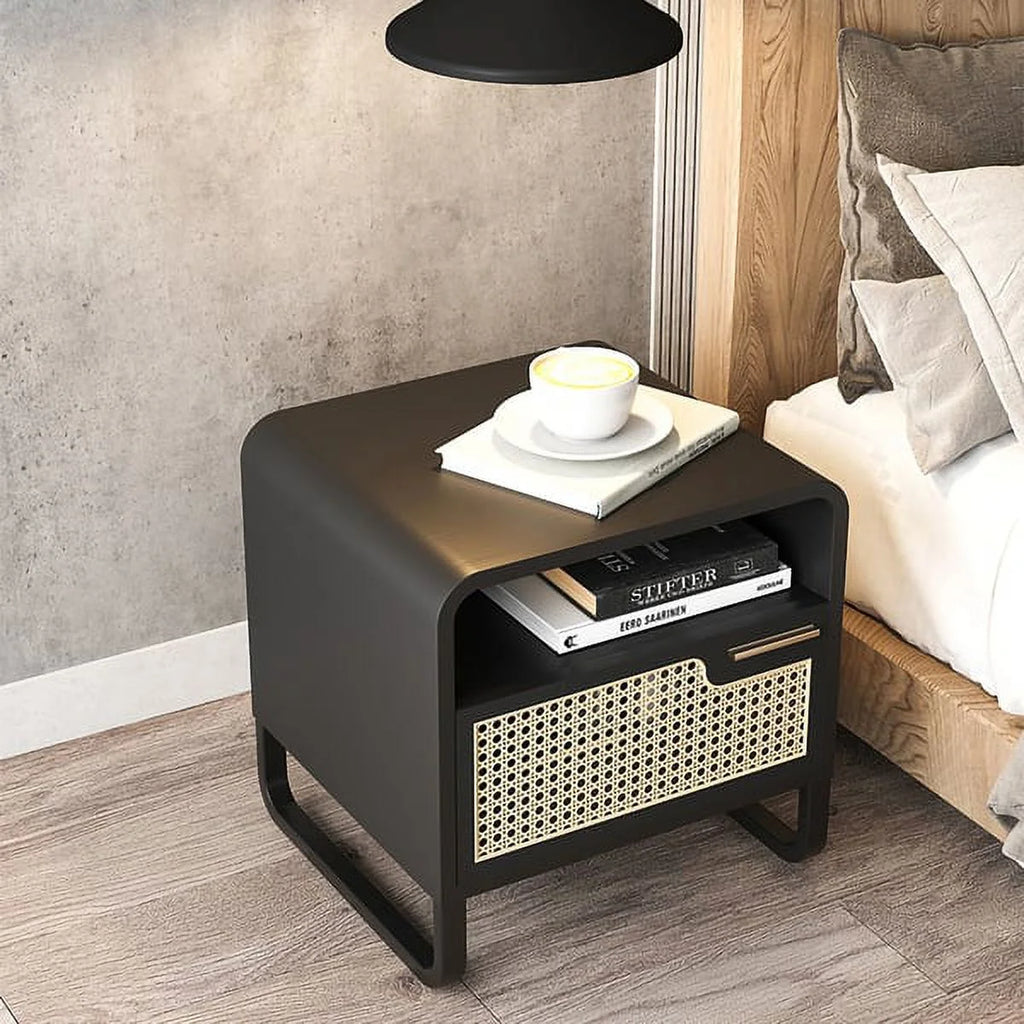 Minimalist Rattan Nightstand with Drawer, Black K345