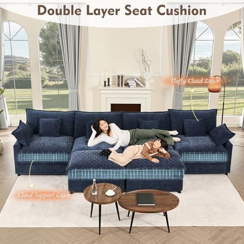 U Shaped Modular Sectional Sofa with Ottoman, Chenille, Black P2121