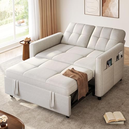 YITAHOME 55" Convertible Sofa Bed, 3-in-1 Sleeper Sofa with Iron Frame Pull-Out Bed, Linen Futon Couch with Reclining Backrest and Side Pocket, Modern Loveseat for Living Room Bedroom Apartment, Grey