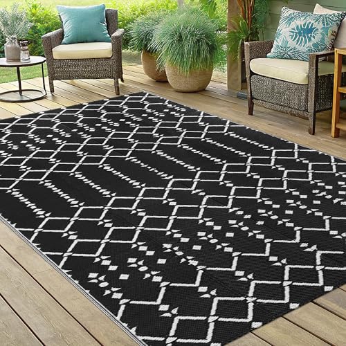 Smiry Waterproof Outdoor Rug 5x8 ft, Reversible Plastic Straw Patio Mat, Black & Beige P20186