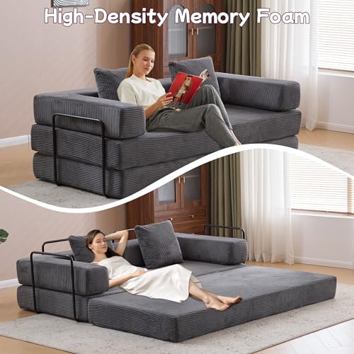 Convertible Floor Sofa Bed with Pillow Back and Armrest, Chenille, Dark Gray N4509