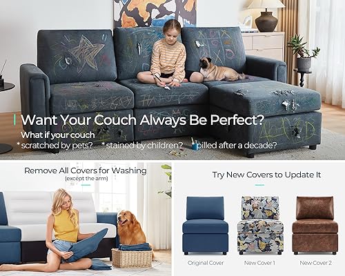 LINSY HOME Modular U Shaped Sectional Sofa with Storage, Blue M8981