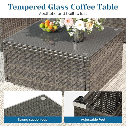 Outdoor Patio Furniture Set with Glass Tea Table, PE Rattan Wicker, Grey V687