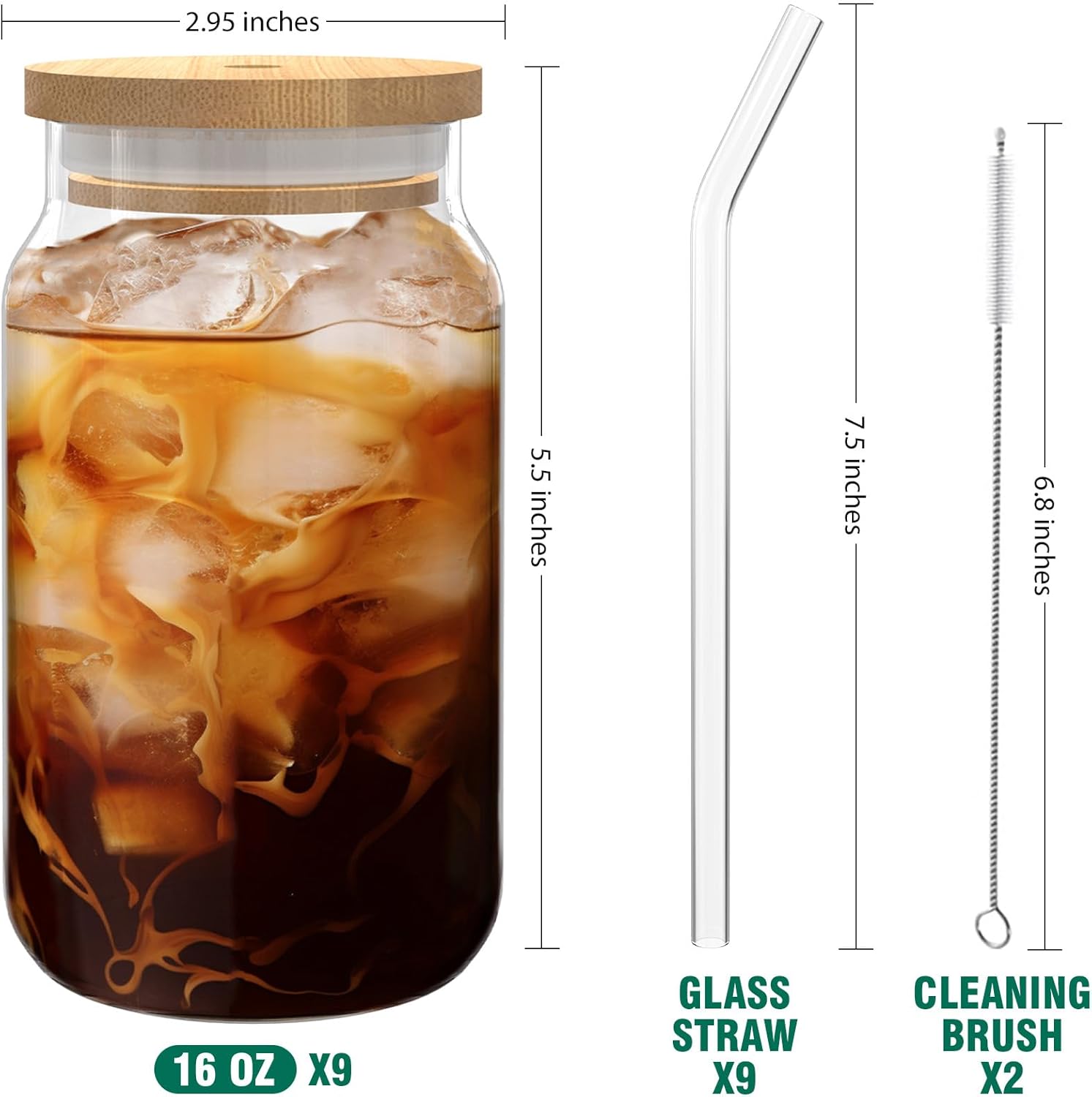 Bamboo Lid Drinking Glasses with Glass Straws, 16 oz, 9-Piece Set T925879