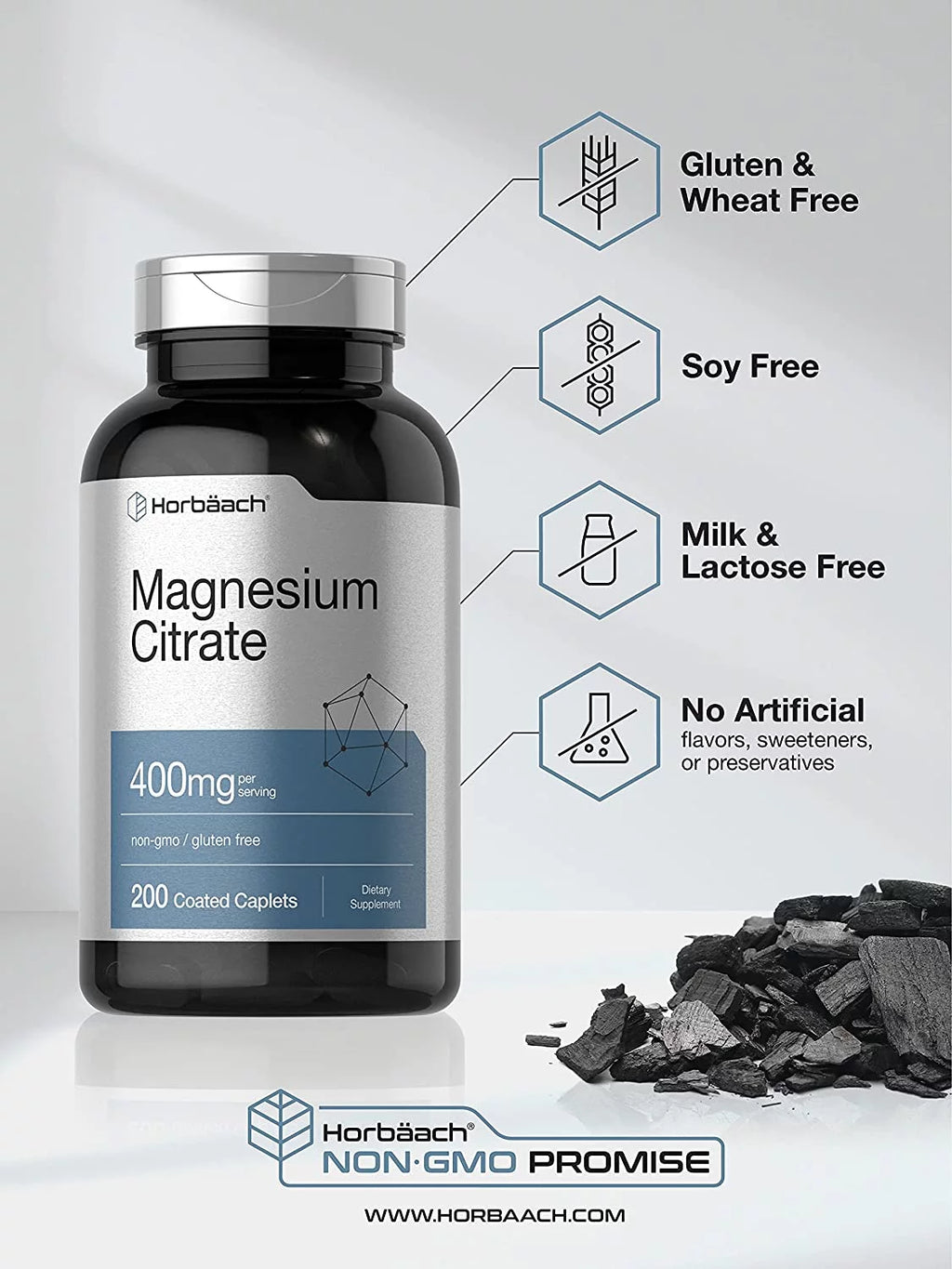 Horbaach Magnesium Citrate 400mg, 200 Caplets, Vegetarian Formula L80127