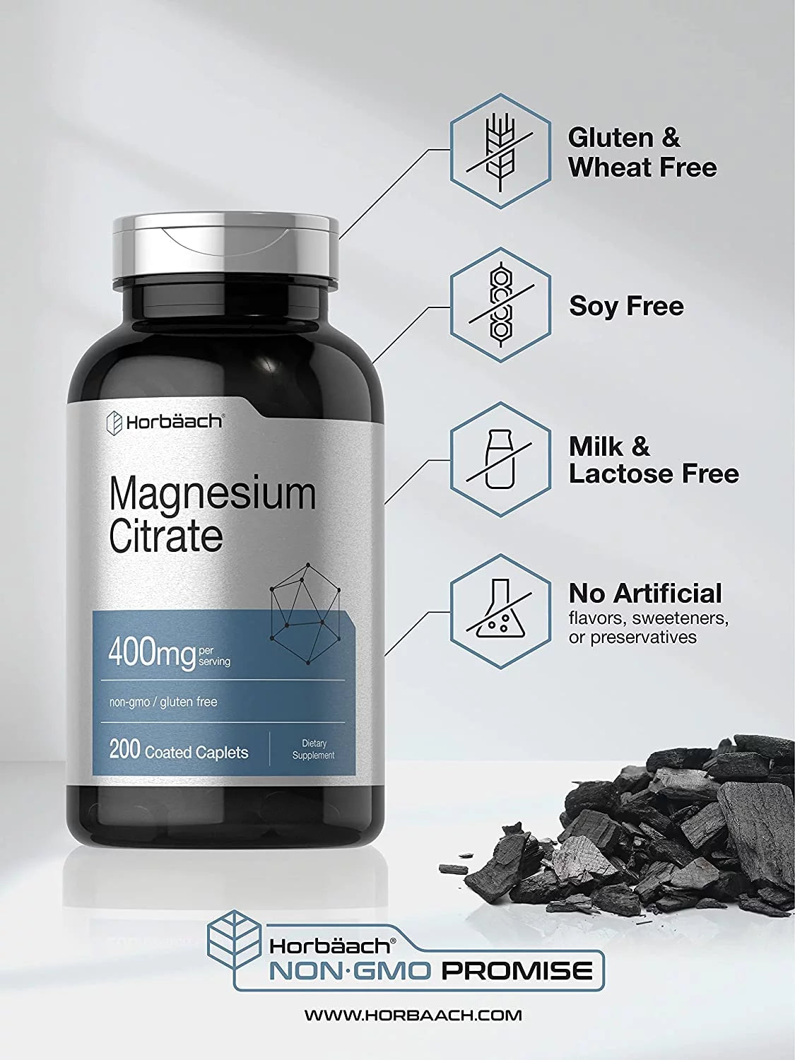 Horbaach Magnesium Citrate 400mg, 200 Caplets, Vegetarian Formula L80127