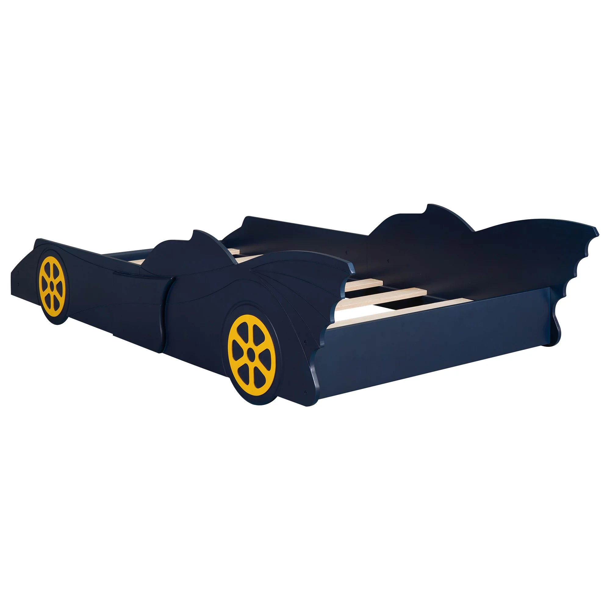 iRerts Race Car Shaped Twin Bed Frame for Kids, Wood Platform Bed with Wheels, Blue/Yellow V249491