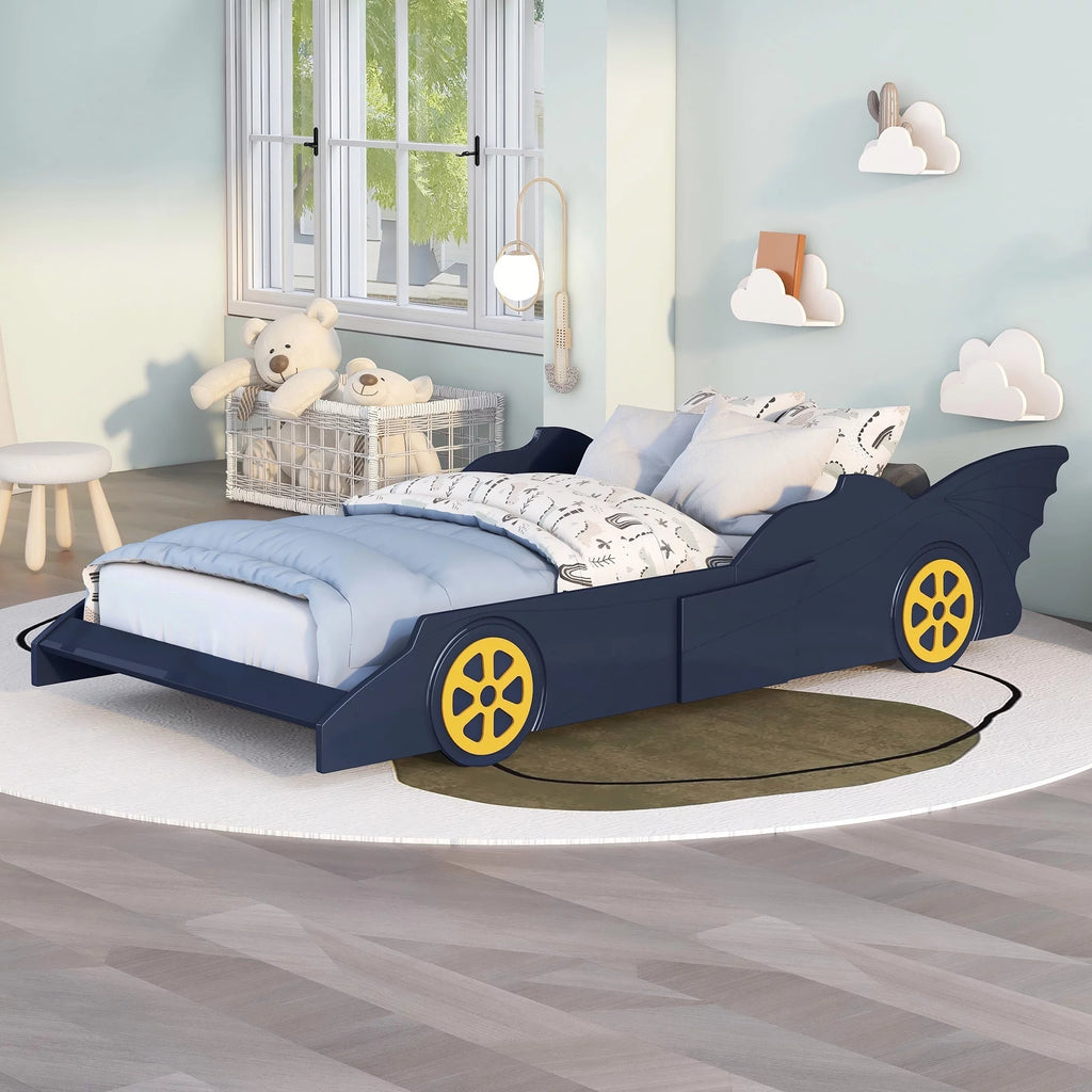 iRerts Race Car Shaped Twin Bed Frame for Kids, Wood Platform Bed with Wheels, Blue/Yellow V249491