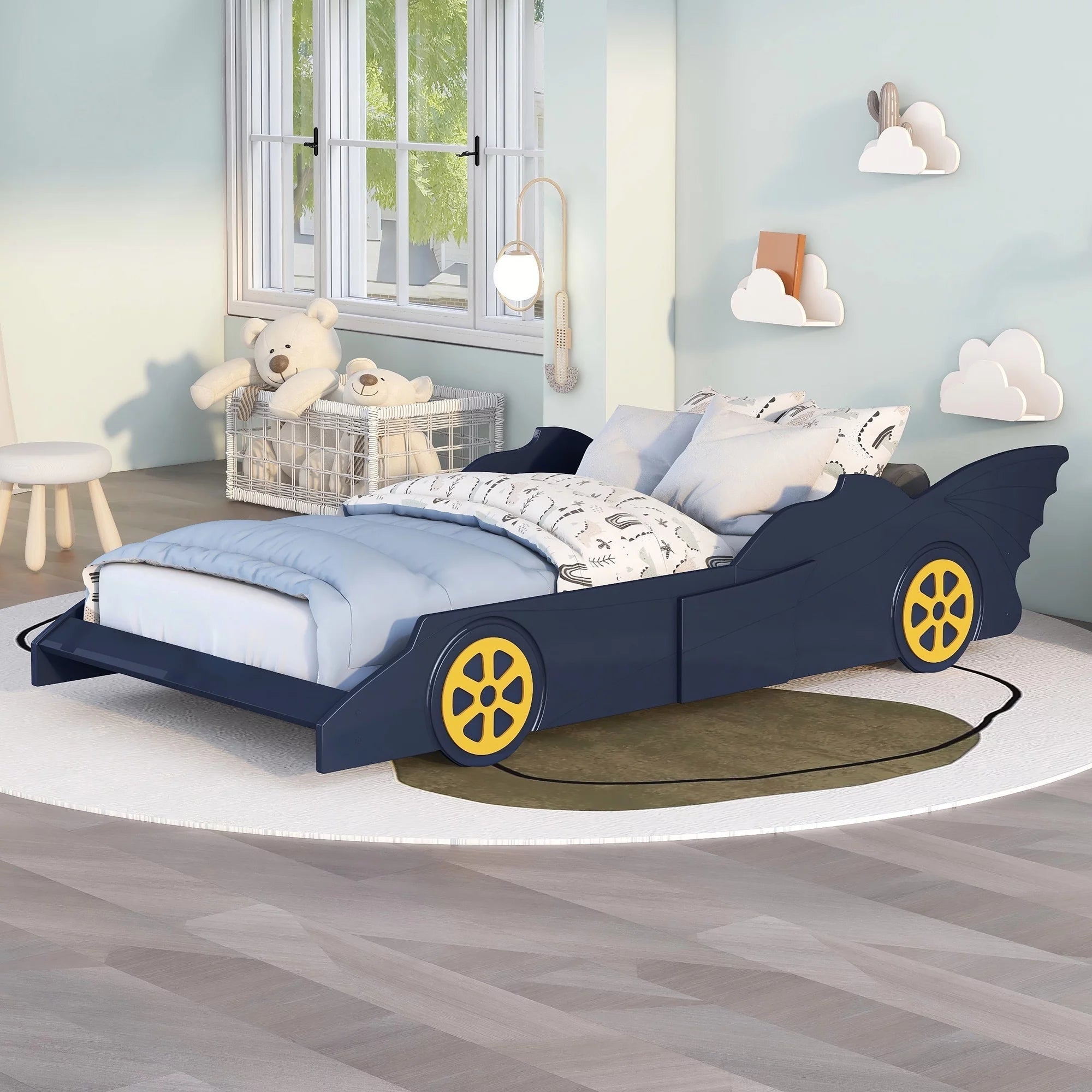 iRerts Race Car Shaped Twin Bed Frame for Kids, Wood Platform Bed with Wheels, Blue/Yellow V249491