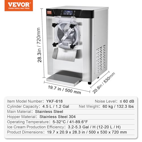 VEVOR Commercial Ice Cream Machine, 20-25L/H, 2400W, 1-Flavor Hard Serve Maker T292956