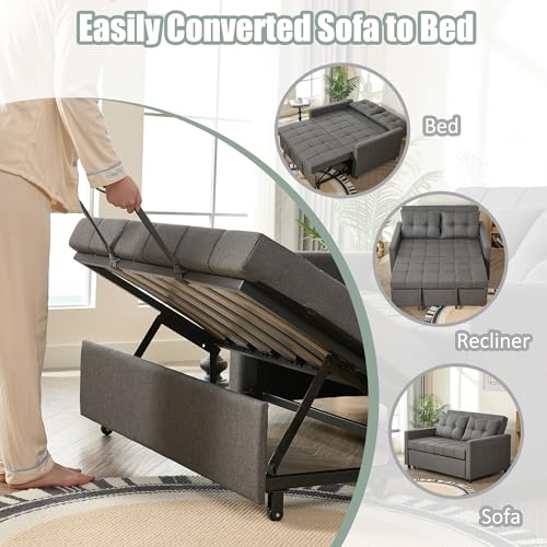 52" Sleeper Sofa with Pull-Out Bed, 3-in-1 Convertible, Linen, Light Gray E80103