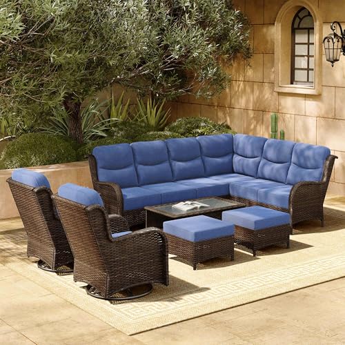 Luxury Patio Furniture Set 7PCS Wicker Conversation Set with Blue Cushions J5390