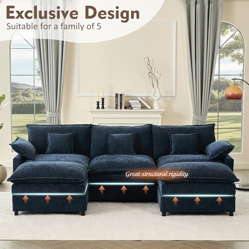 U Shaped Modular Sectional Sofa with Ottoman, Chenille, Black P2121