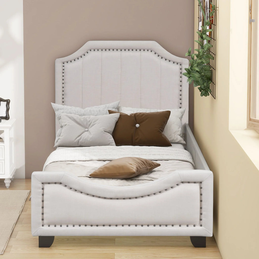 Twin Upholstered Platform Bed with Nailhead Trim and Storage M24169