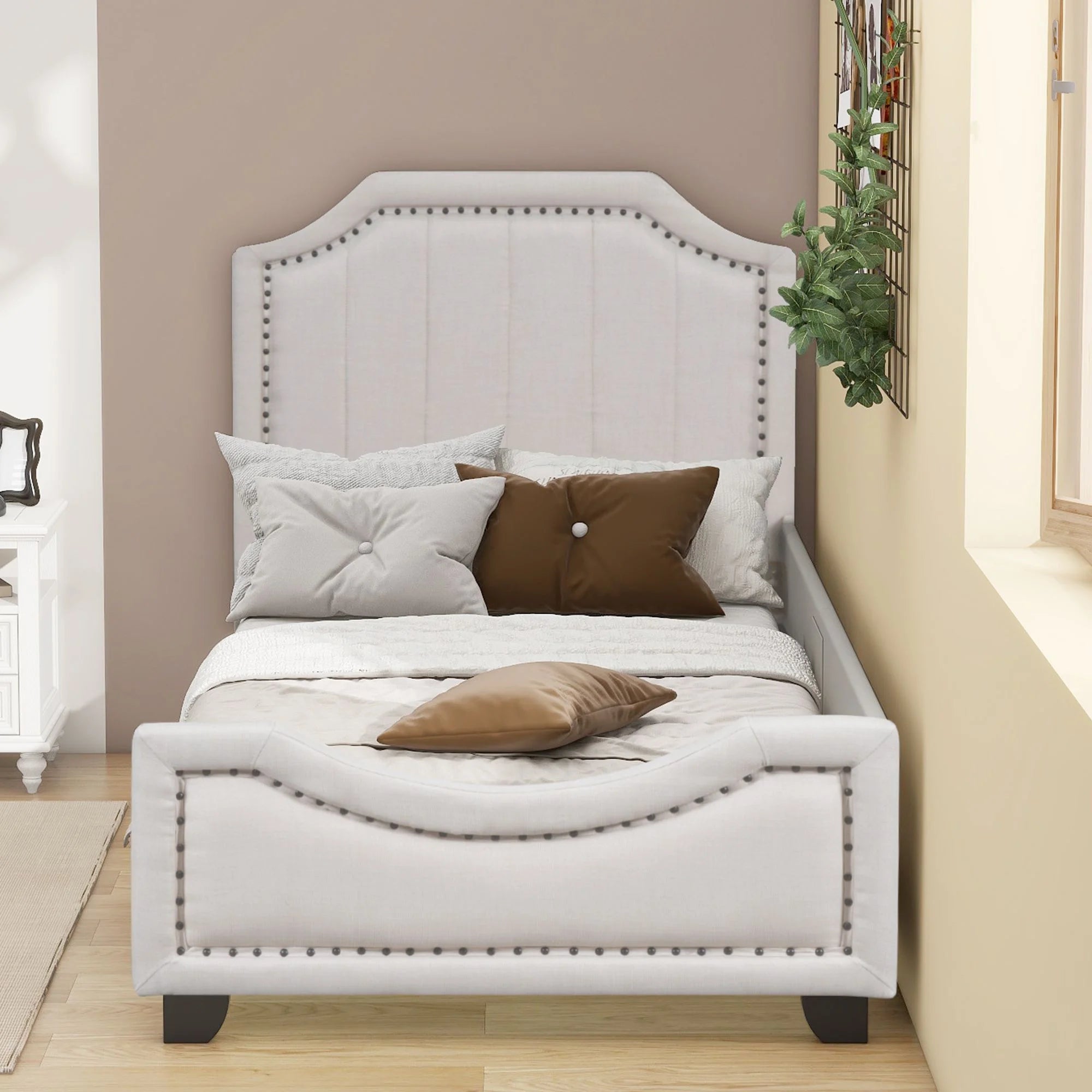 Twin Upholstered Platform Bed with Nailhead Trim and Storage M24169