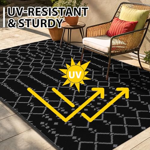 Smiry Waterproof Outdoor Rug 5x8 ft, Reversible Plastic Straw Patio Mat, Black & Beige P20186