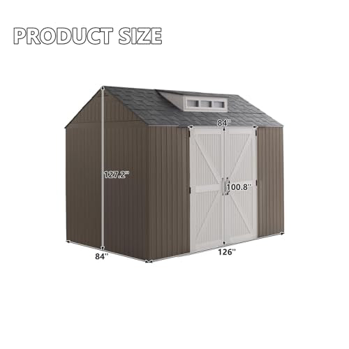 Resin Outdoor Storage Shed with Floor, Weatherproof, Lockable, Brown, 7x7 FT S969
