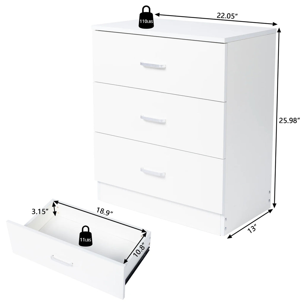 SYNGAR Modern 3-Drawer Wooden Dresser Cabinet, White R9601