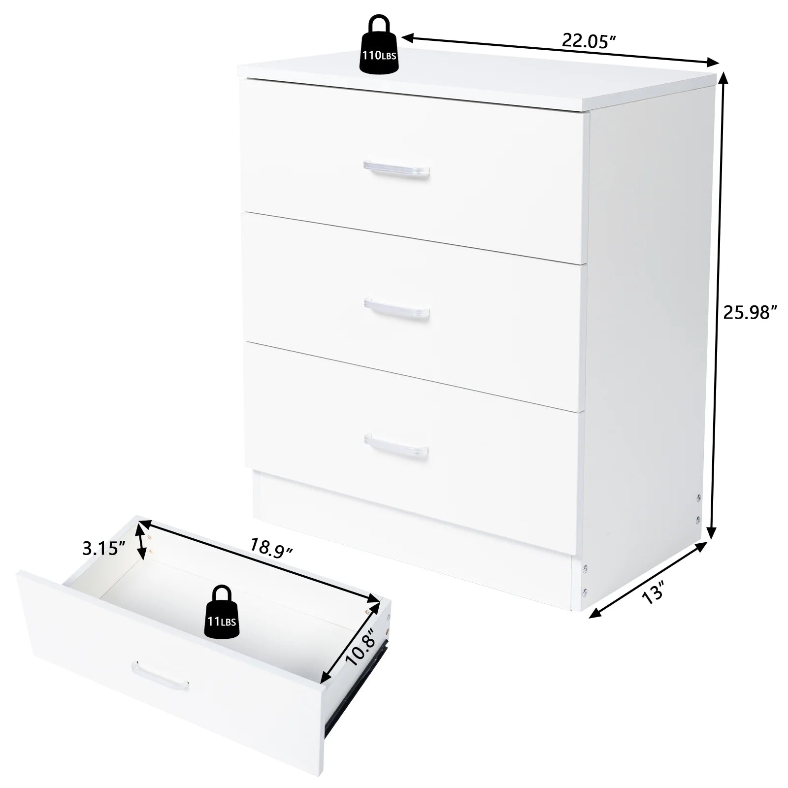 SYNGAR Modern 3-Drawer Wooden Dresser Cabinet, White R9601