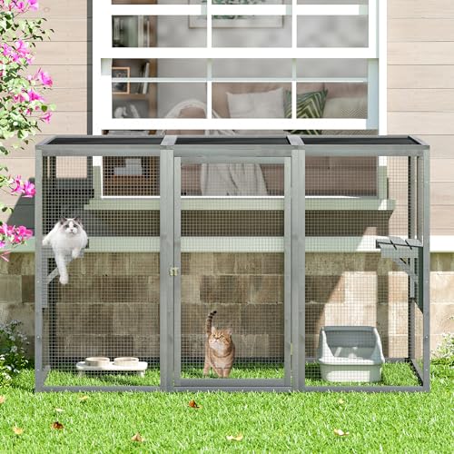 Outdoor Cat Enclosures, Weatherproof Catio for Cats, Large Cat Cage with 3 Platforms and Litter Box, Wooden Cat Crate for Outside, Cat House for Cat Patio, Grey