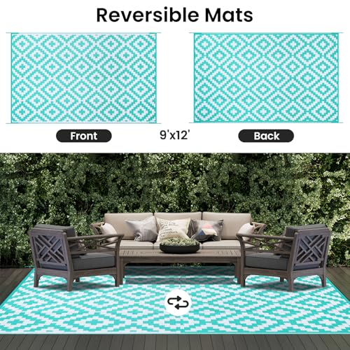 Smiry Waterproof Outdoor Rug 5x8 ft, Reversible Plastic Straw Patio Mat, Black & Beige P20186
