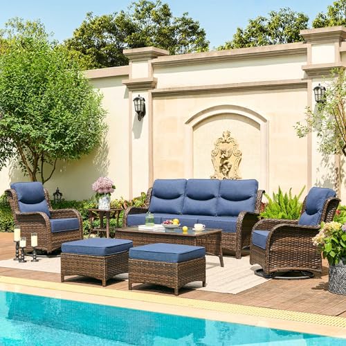 Luxury Patio Furniture Set 7PCS Wicker Conversation Set with Blue Cushions J5390