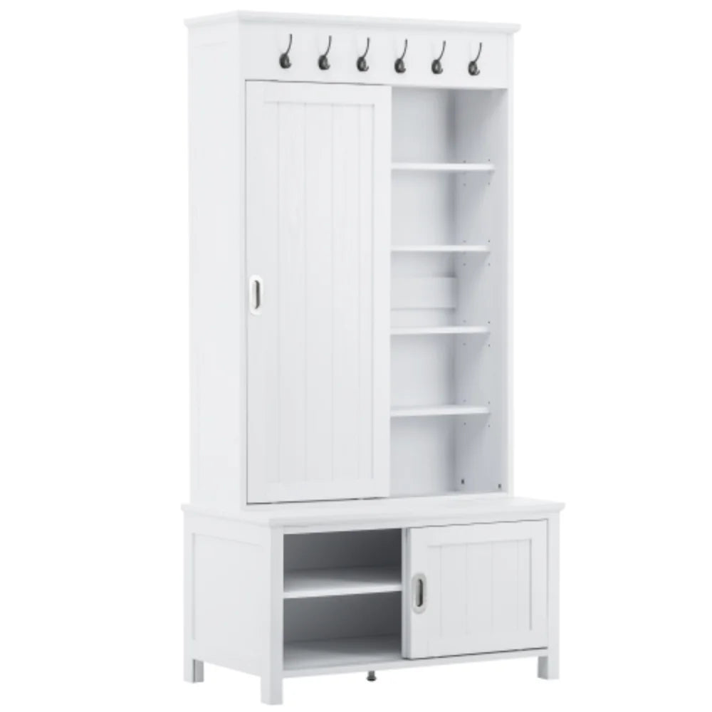 White Wooden Hall Tree with Sliding Doors and Storage Bench O243