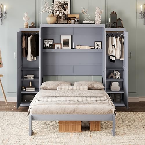 Polib Full Size Murphy Bed with Two Wardrobes and Storage Shelf, White S302797