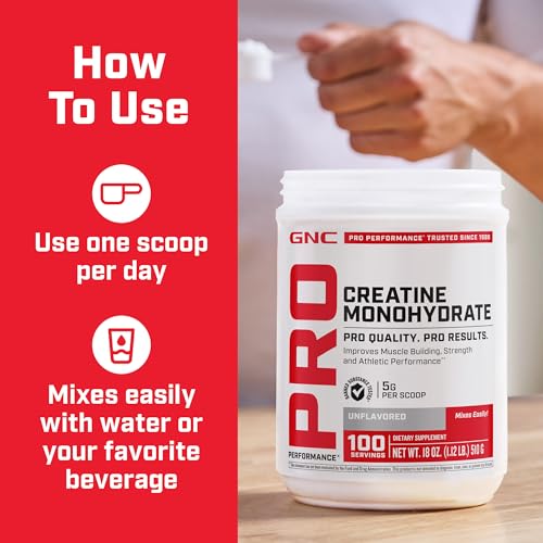 GNC Pro Performance Creatine Monohydrate Powder, 5g per Serving, 50 Servings I927
