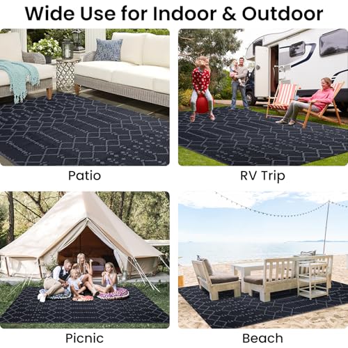 Smiry Waterproof Outdoor Rug 5x8 ft, Reversible Plastic Straw Patio Mat, Black & Beige P20186