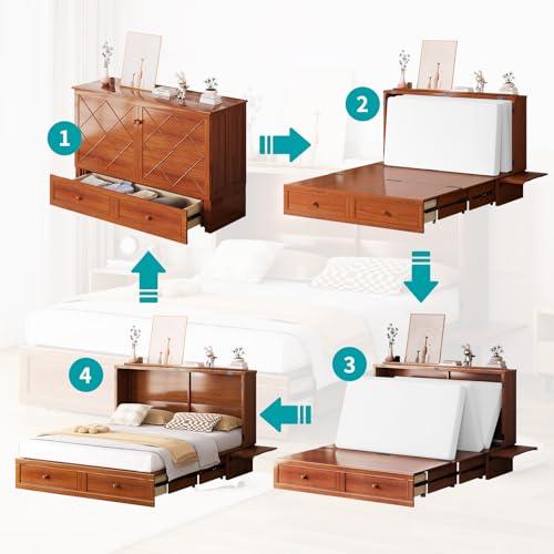 BALUS Murphy Bed Cabinet, 63" W Queen, Tri-fold Mattress, Cherry G595