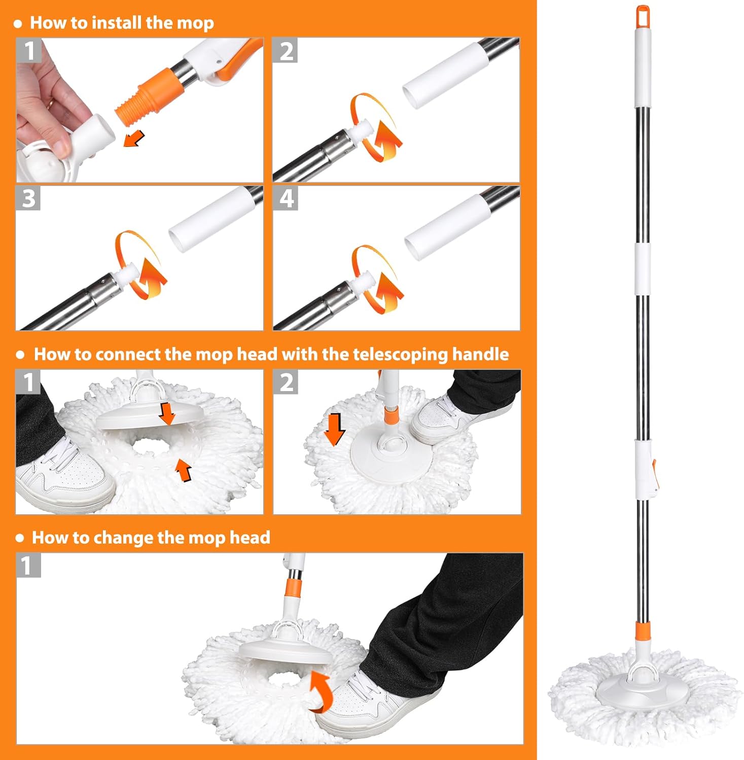 MASTERTOP Spin Mop and Bucket with Wringer, 57" Adjustable Handle, 6 Microfiber Pads O90747
