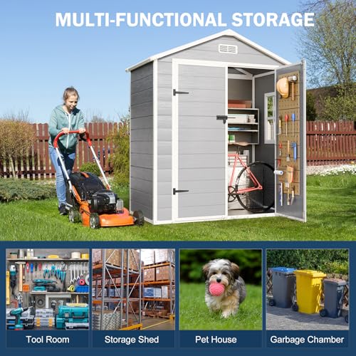 8x6x7 FT Resin Storage Shed, Waterproof Outdoor Tool Shed with Floor, Dove Grey C693740