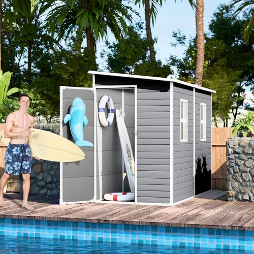 8x6x7 FT Resin Storage Shed, Waterproof Outdoor Tool Shed with Floor, Dove Grey C693740