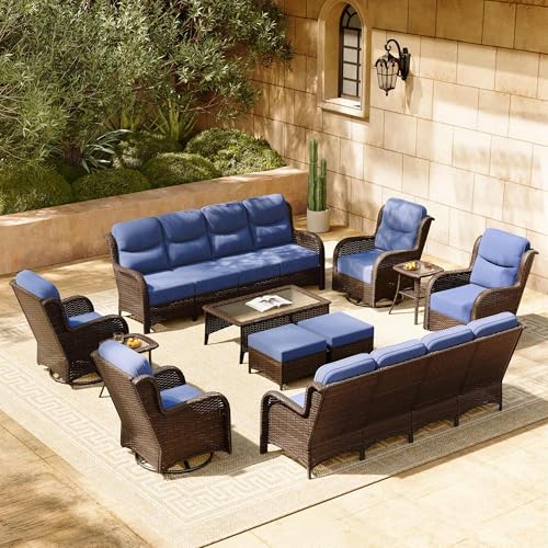 Luxury Patio Furniture Set 7PCS Wicker Conversation Set with Blue Cushions J5390