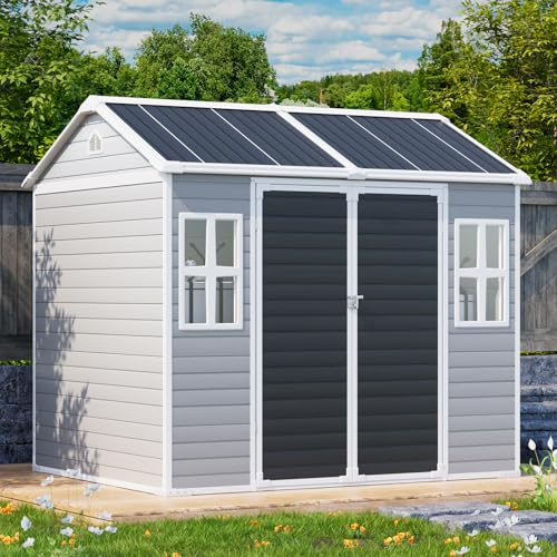 Outdoor Resin Storage Shed 8x4x6 FT with Floor, 2 Windows and Lockable Door X6418
