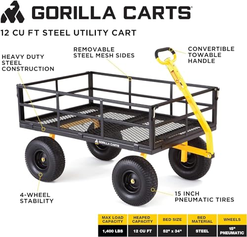 Gorilla Carts Heavy Duty Steel Mesh Utility Wagon Cart, 1000 lb Capacity, Gray M8719