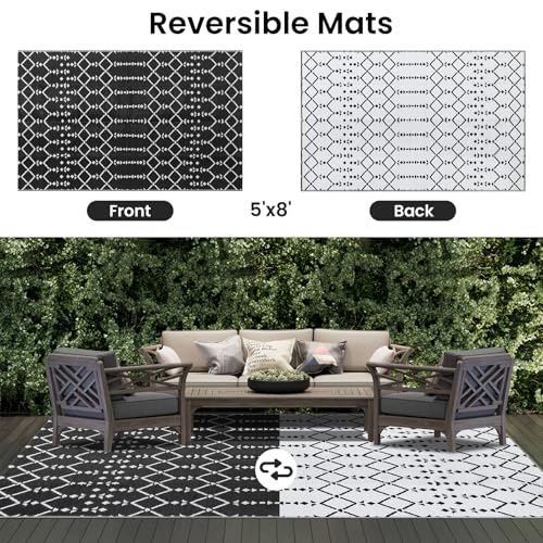 Smiry Waterproof Outdoor Rug 5x8 ft, Reversible Plastic Straw Patio Mat, Black & Beige P20186