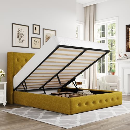 Allewie Full Size Lift Up Storage Bed with Wingback Headboard, Light Beige C85153