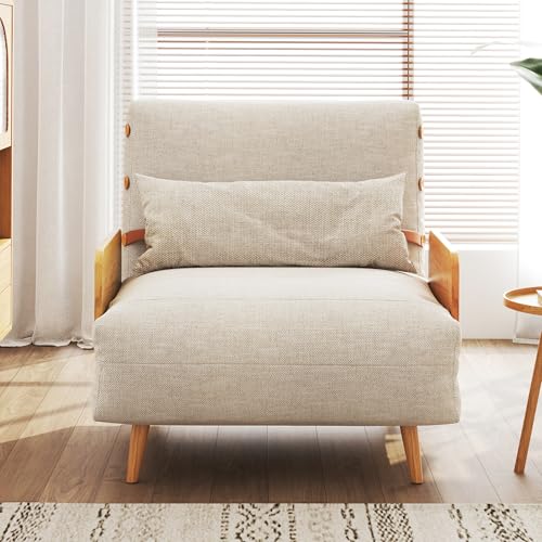 Convertible Chair Bed Sleeper for Adults with Wooden Arms, Linen G638