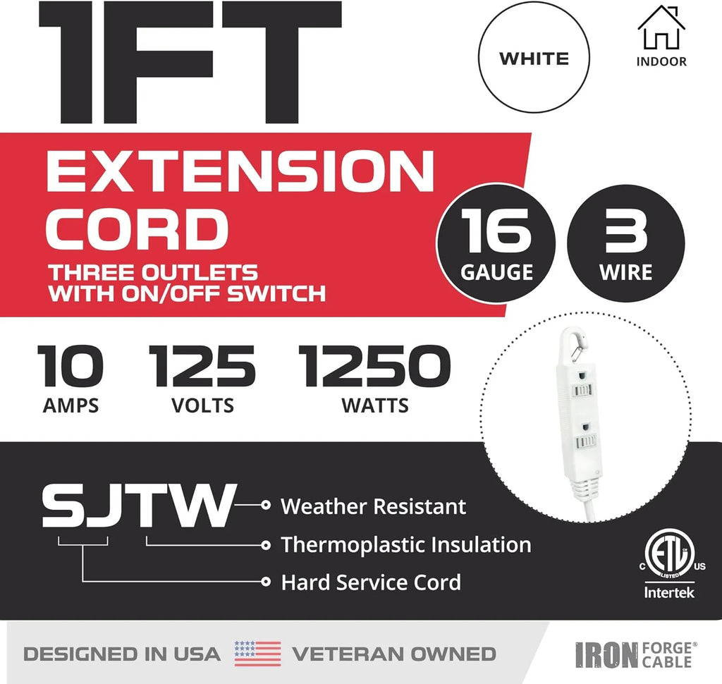 Iron Forge Inline Extension Cord with On/Off Switch, 1 FT, 3 Outlets, White J40775