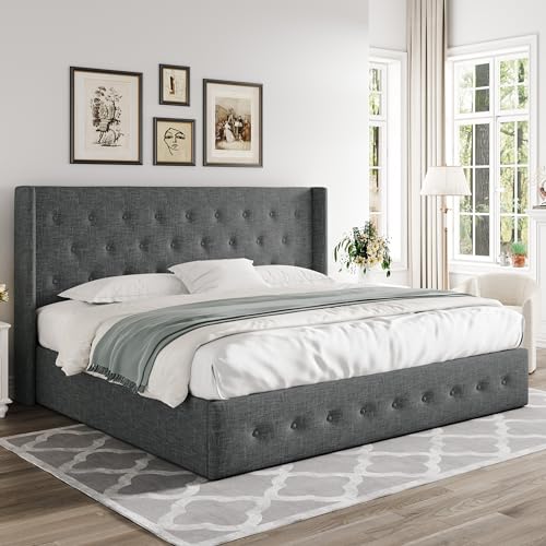 Allewie Full Size Lift Up Storage Bed with Wingback Headboard, Light Beige C85153