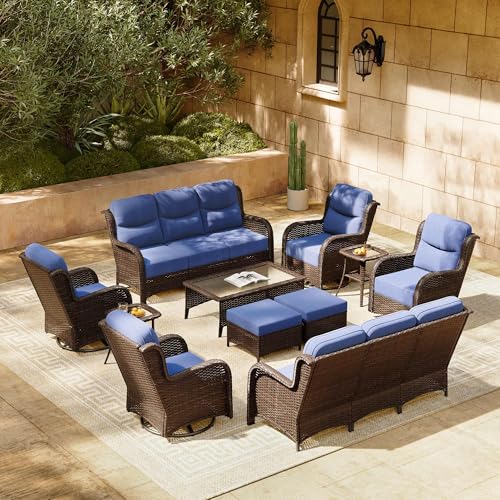 Luxury Patio Furniture Set 7PCS Wicker Conversation Set with Blue Cushions J5390